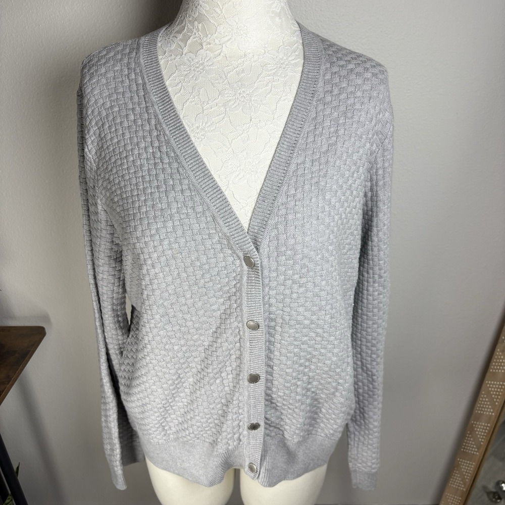 Liz Claiborne Women 2X Gray Cardigan Sweater Preppy Basketweave 100% Cotton